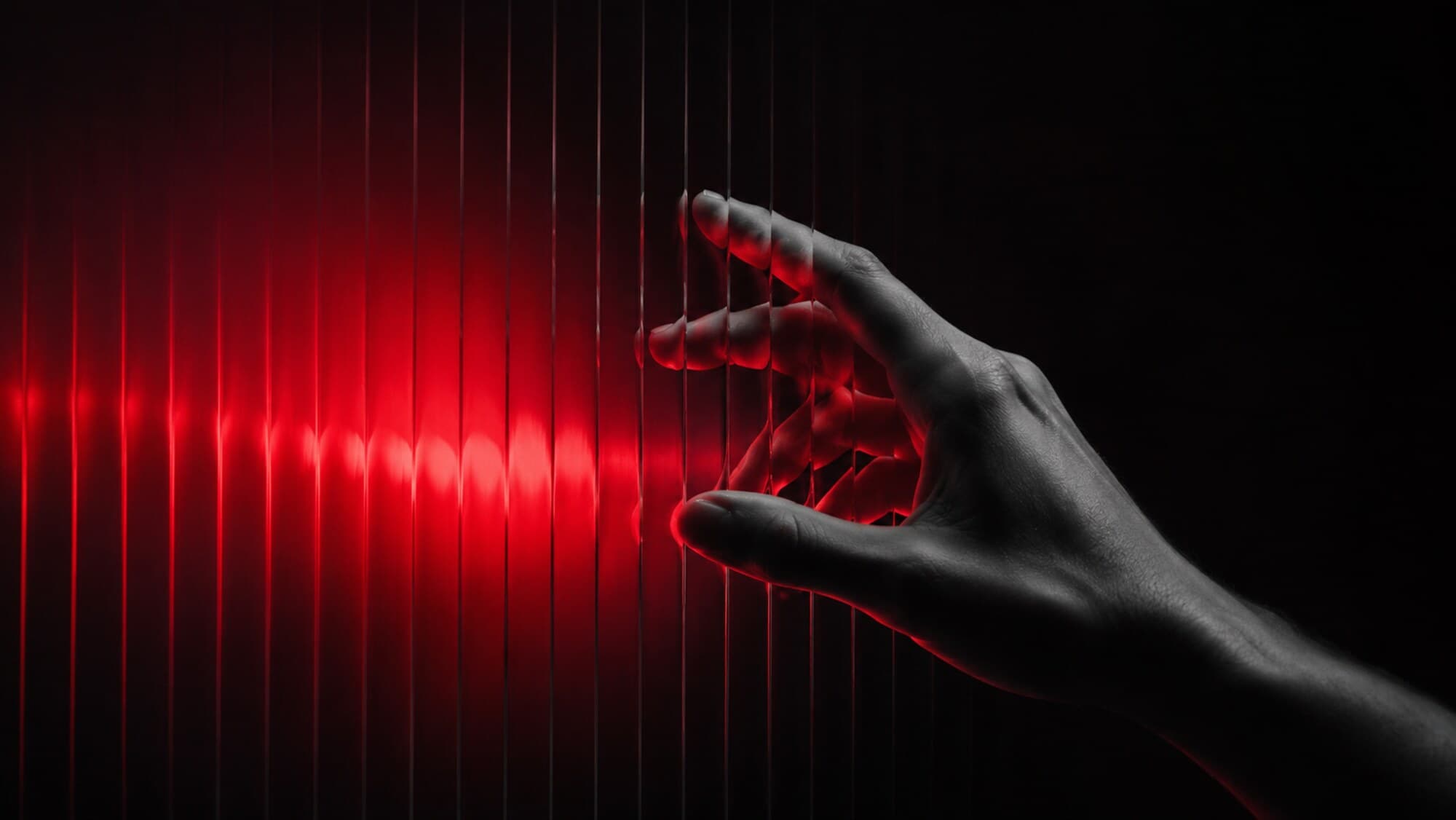 A hand reaching through red light — the moment of the breach