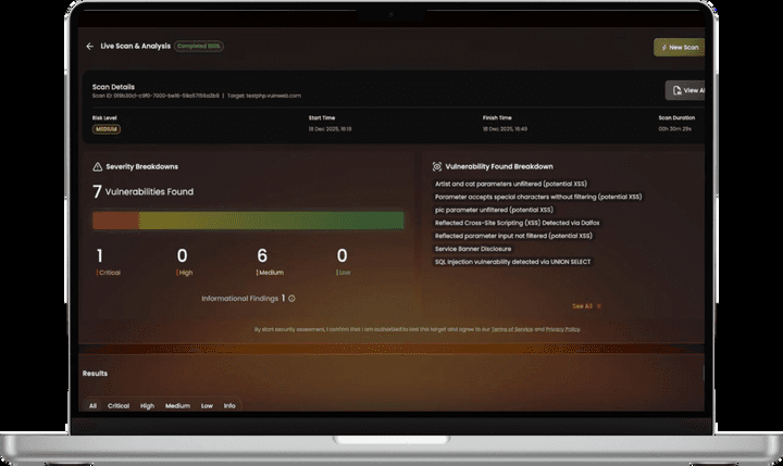 AVAS Live Scan & Analysis — severity breakdown showing 7 vulnerabilities found and the vulnerability breakdown list