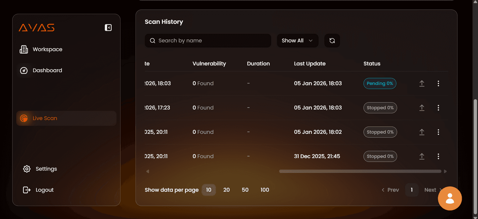 AVAS scan history — searchable list of scans with vulnerability counts, duration, last update and status