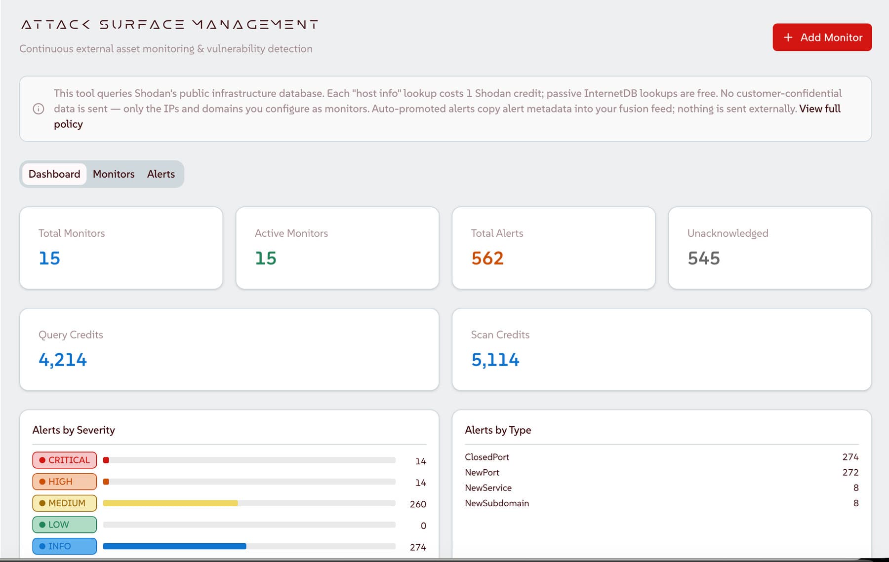 Attack Surface Management — external discovery dashboard